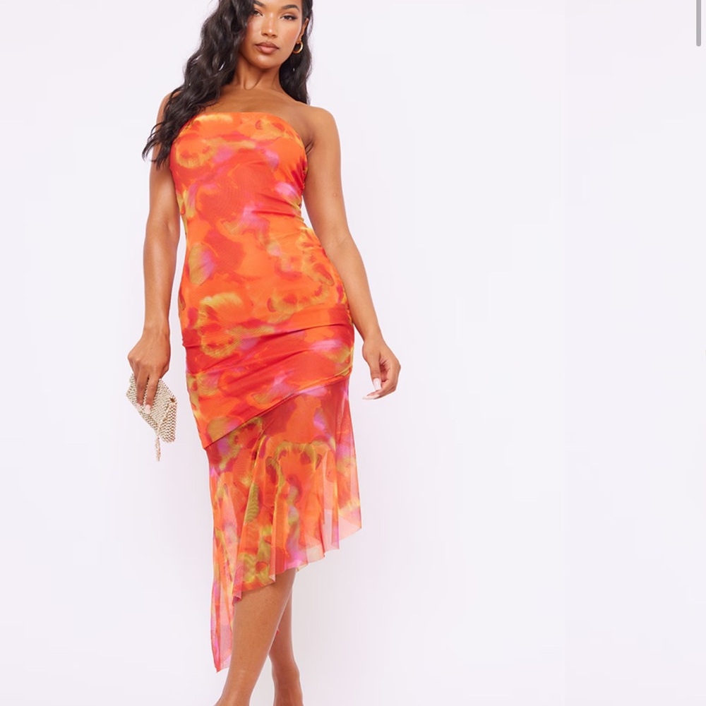 PrettyLittleThing Strapless Orange and Pink Midi Dress